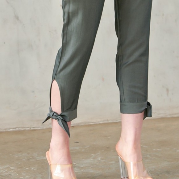 Paperbag Pants With Ankle Tie Detail in Gray Olive - Picture 8 of 8